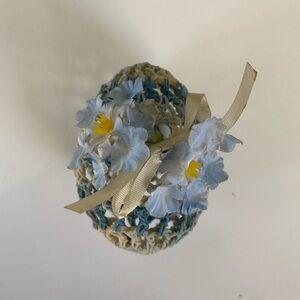 Vintage Crocheted Easter Egg Ornament Light blue and white flowers